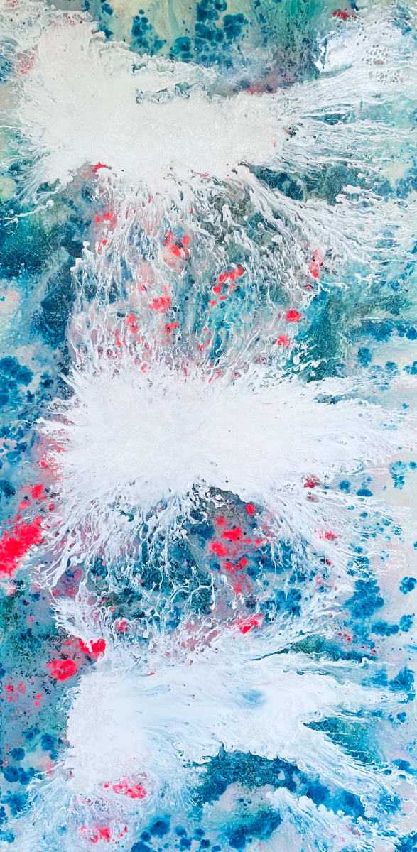 Frozen Crescendo by Will Schmahl  Image: This ethereal abstract piece bursts with icy blues, crisp whites, and delicate touches of coral, creating a visual symphony of movement and texture. 