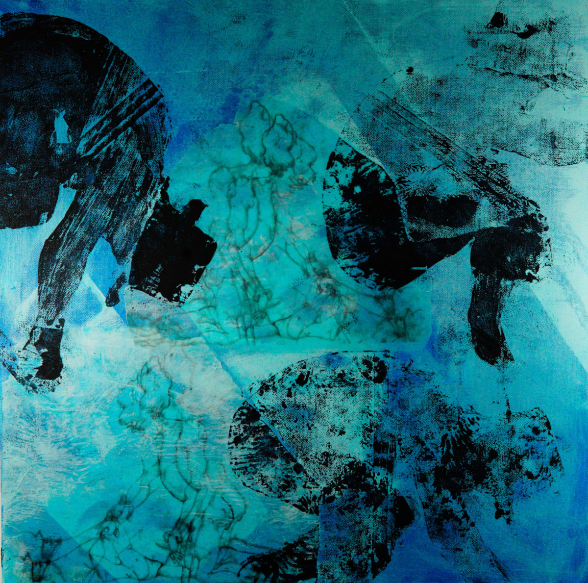 Tumbling For You-2 by Will Schmahl  Image: Deep indigos and inky blacks twist and fall against a serene blue backdrop, evoking the sensation of bodies in motion—tumbling through space, water, or memory. 