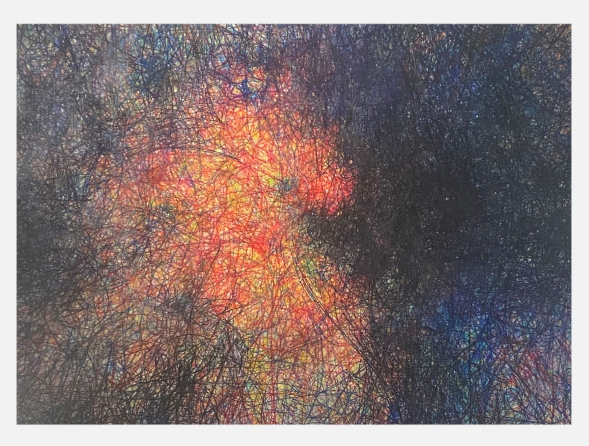 Suspended Revelations by Mark Stafford  Image: Collectors note: This work was one of the last works which used Prismacolor like the Mantras but instead of text creating a colorfield, this work is composed entirely of the artist's signature.  At first the artist was interested in the idea of a manyworlds interpretation of quantum mechanics, as if a flooding of many versions of oneself could elucidate a magnified or deeper perspective of reality, but became more interested in the boundary infinity and its variations representing on a plane describing a toroidal field of limitless energy from a simple repeating but varied line.