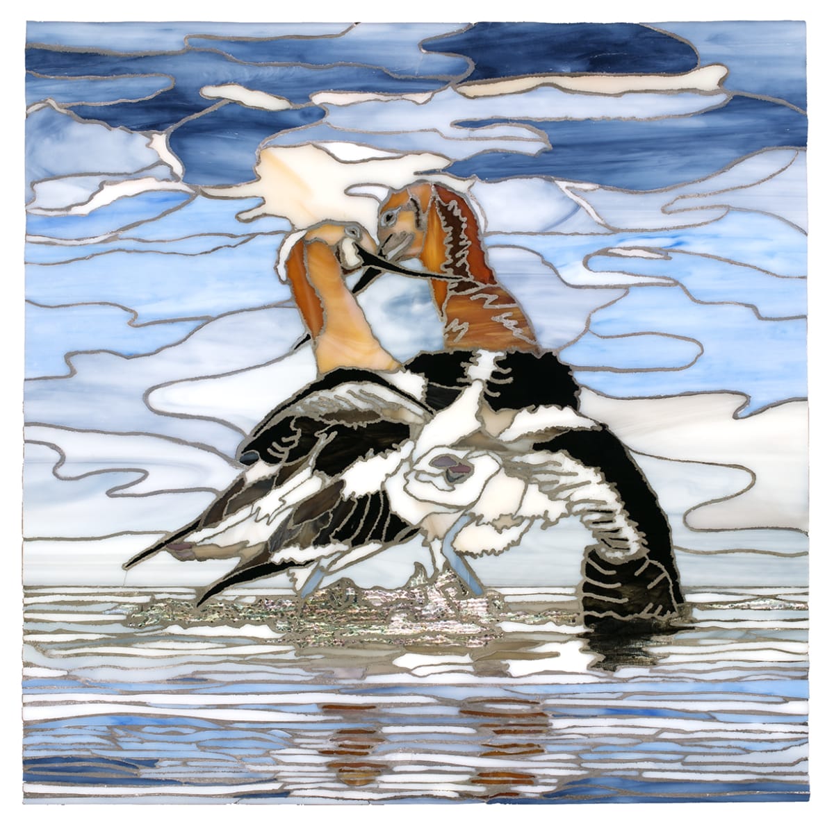 Come Splash-step With Me! by Sue Rose  Image: These American Avocets have morphed their white necks into an attractive russet hue for mating season. They are performing their mating dance! While crossing beaks, the male has swung his wing over her shoulder, holding her close for the dance. He seems to sing, "Come Splash-Step with Me!" 