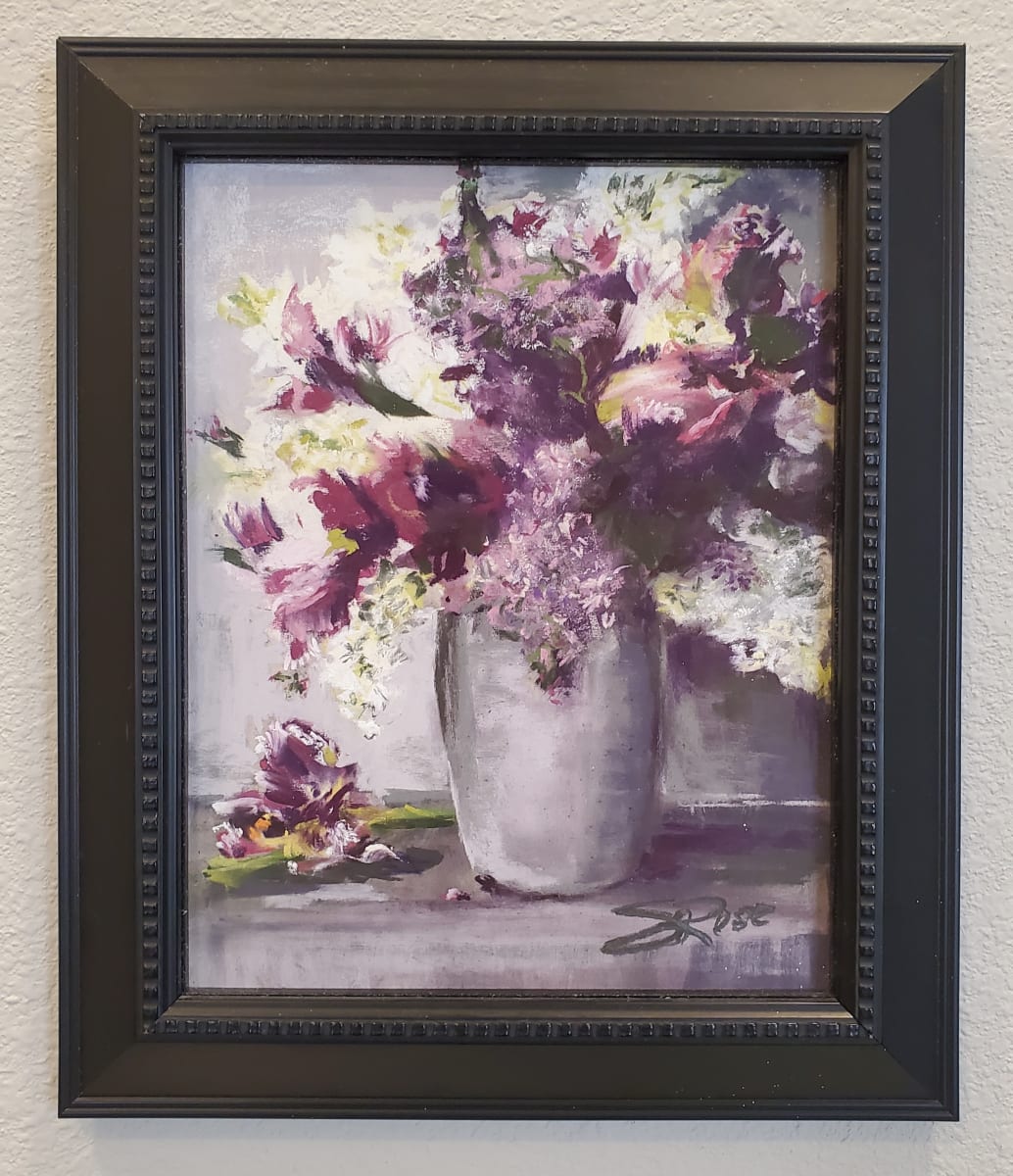 Lilacs and Parrot Tulips by Sue Rose  Image: Lilacs and Parrot Tulips, pastel painting by Sue Rose.