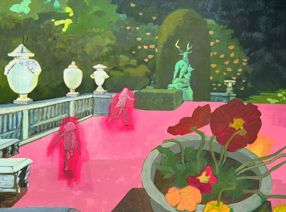 Garden Trip by Jen E. Sanders  Image: Two children run across a garden courtyard