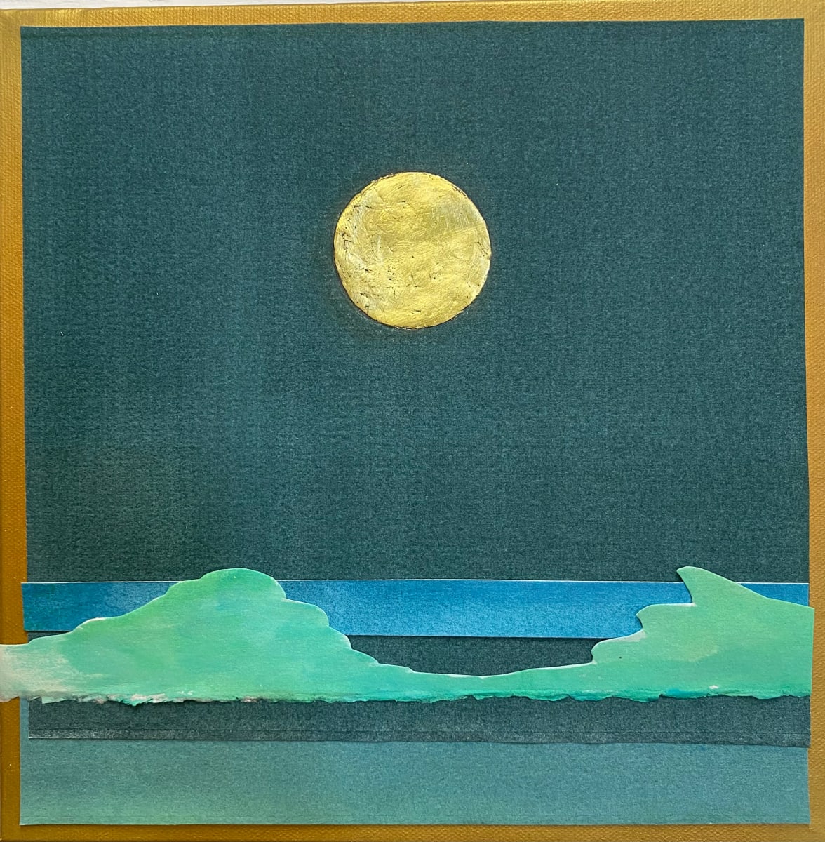 Moonscape w/Gold frame  Image: 22 karat moon with bright green shrubbery and turquoise line in a teal background