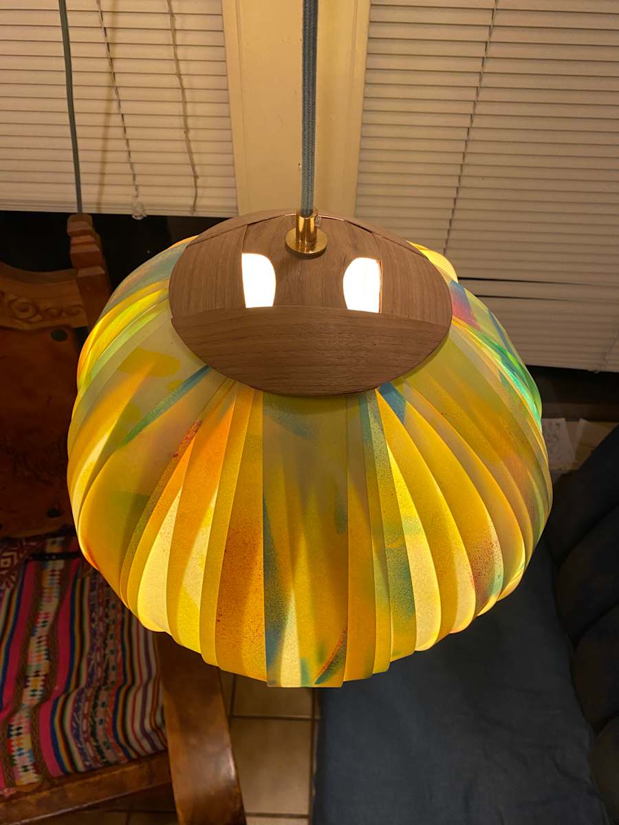 Yellow Monstera Lamp by Nell Hergenrather  Image: Handmade Walnut Veneer and Encaustic/Spray paint Lamp