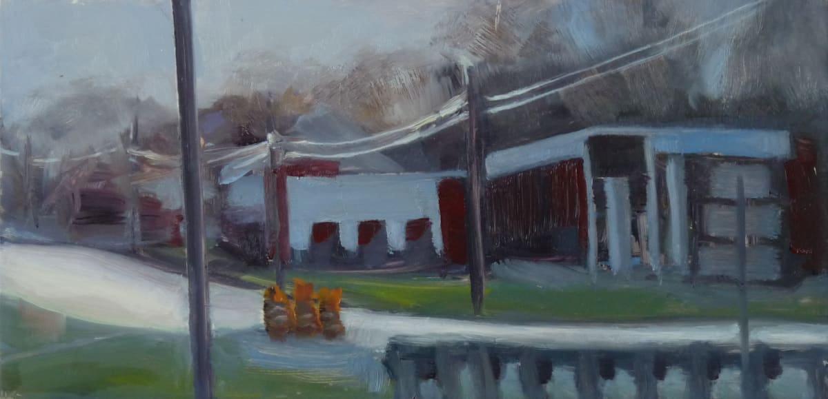 Orange Barrels by Joanne McIlvaine  Image: Columbia Avenue from Maple Grove Park entrance. I did not paint the cars that traveled by constantly which gives this heavily traveled road a strange, apocalyptic appearance. The orange barrels, backlit in the evening light, attracted me to the scene.