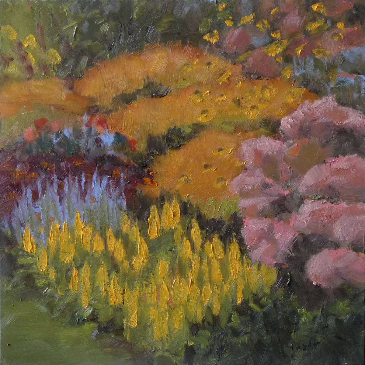 Dwarfs and Friends by Joanne McIlvaine  Image: The dwarf celosia (the pointy yellow flowers) were what attracted me to this scene. 