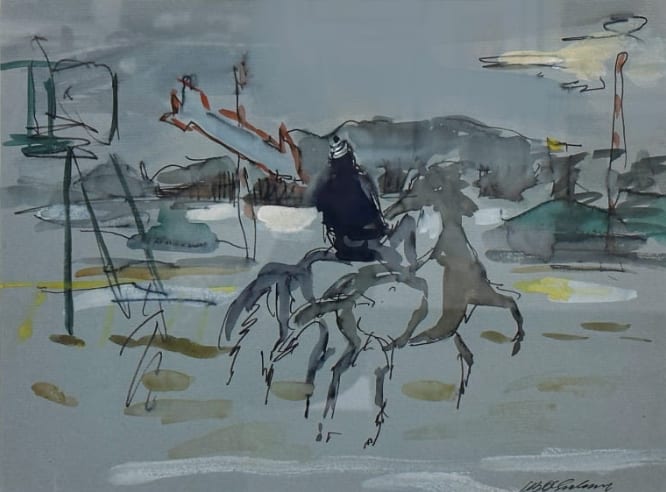 Two horses, blue paper, watercolor by Joseph B O'Sickey 