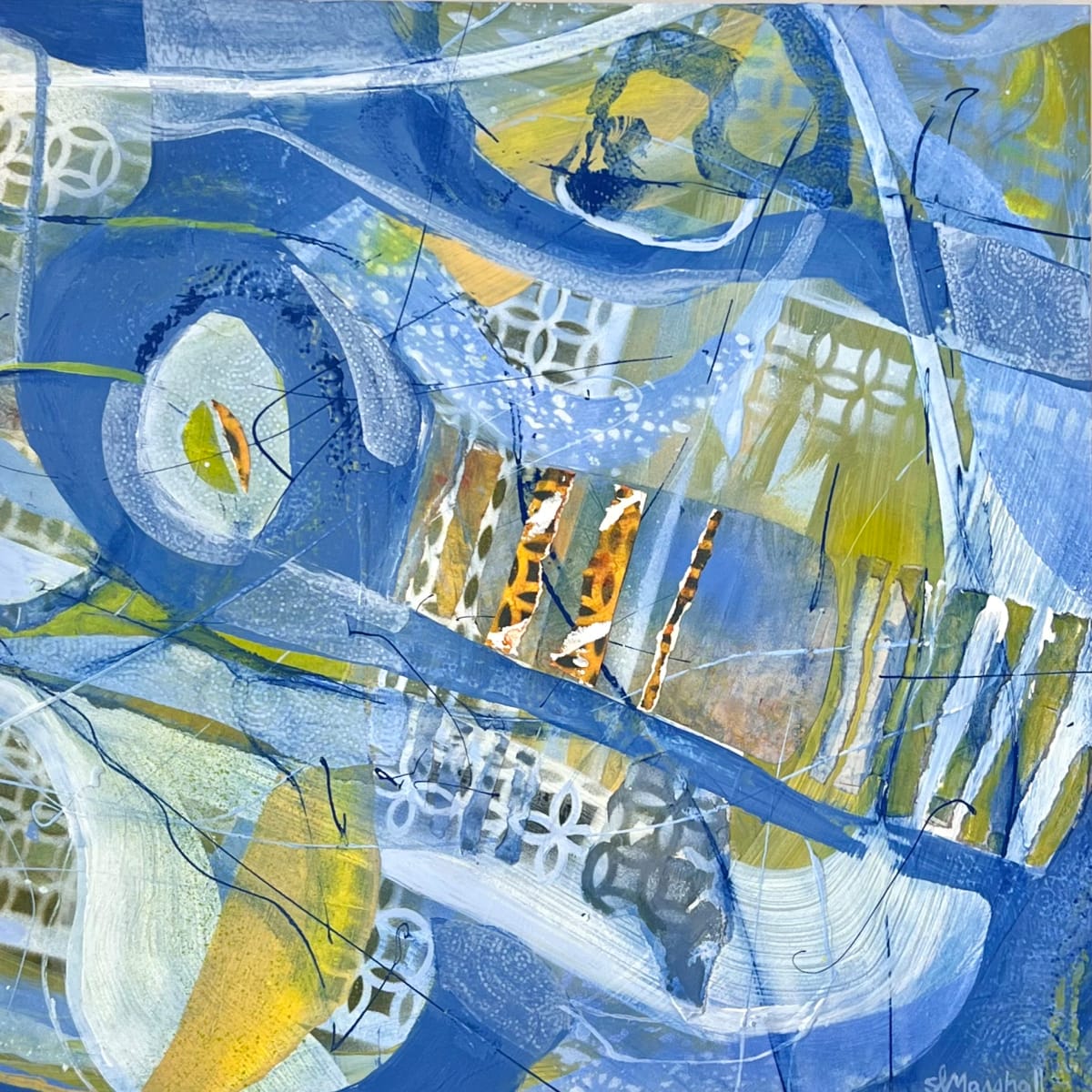 Yellow and Blue Composition 2 by Shawn Marshall  Image: Yellow and Blue Composition 2, 16x16, Mixed Media on Panel