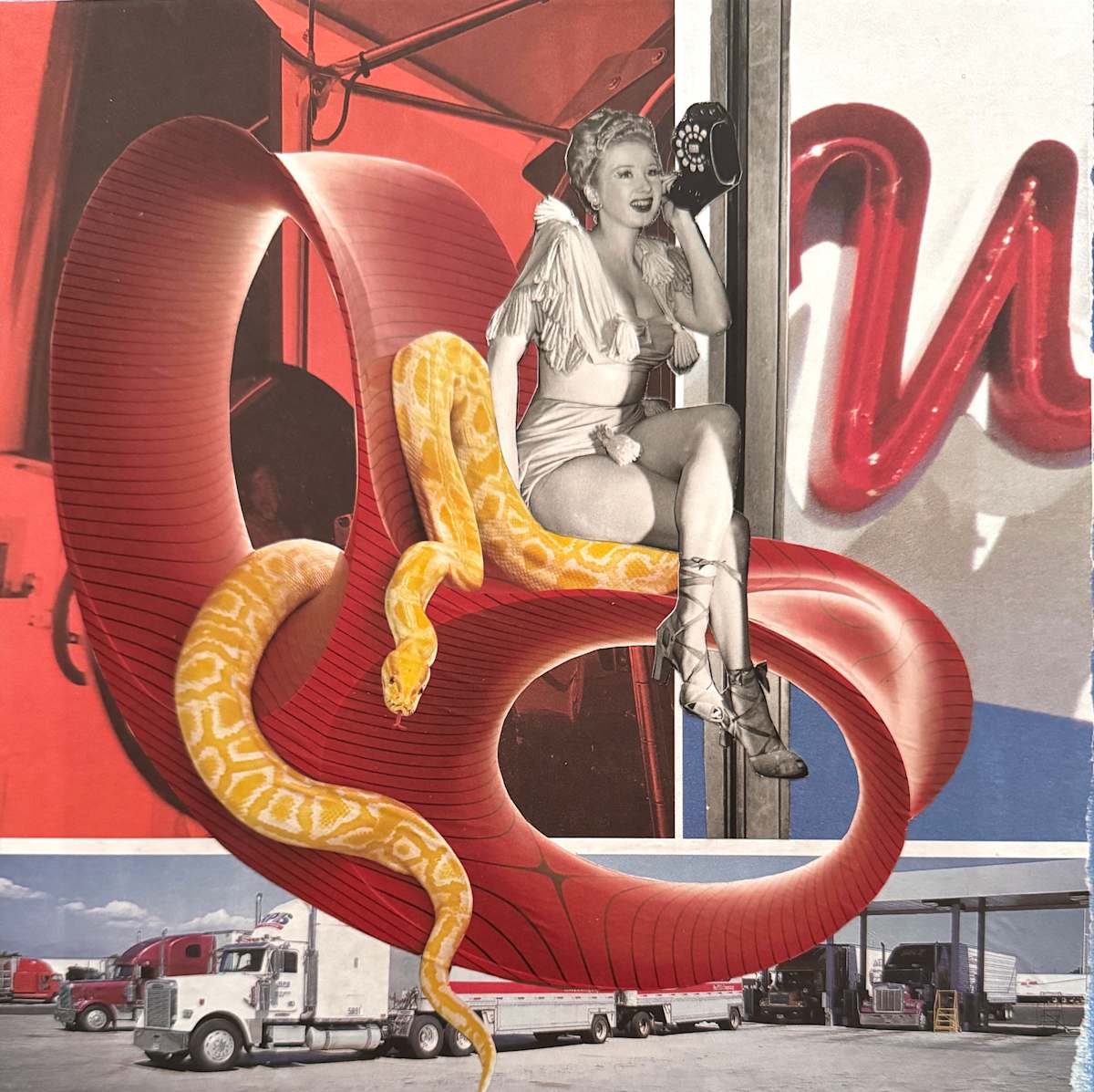 Truck Stop Snake Charmer by Shawn Marshall  Image: 10x10in, Collage on Canvas