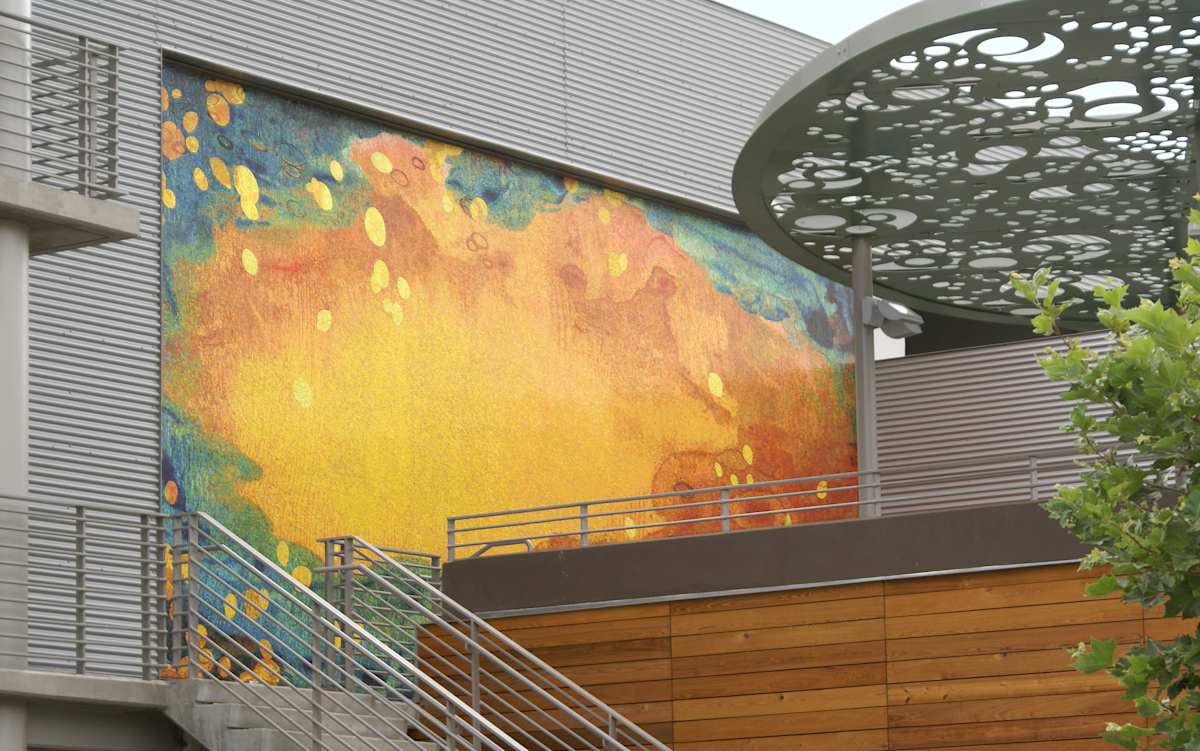 Grove by Lynn Basa  Image: Mosaic feature wall and shade canopy for a new cultural district in downtown Claremont , CA that included the adaptive reuse of former fruit-packing plants into artist studios, museum, theater, restaurants and shops.  The   artwork references the area’s early citrus-growing industry in a contemporary, non-nostalgic way for this small town containing fourprogressive universities.  