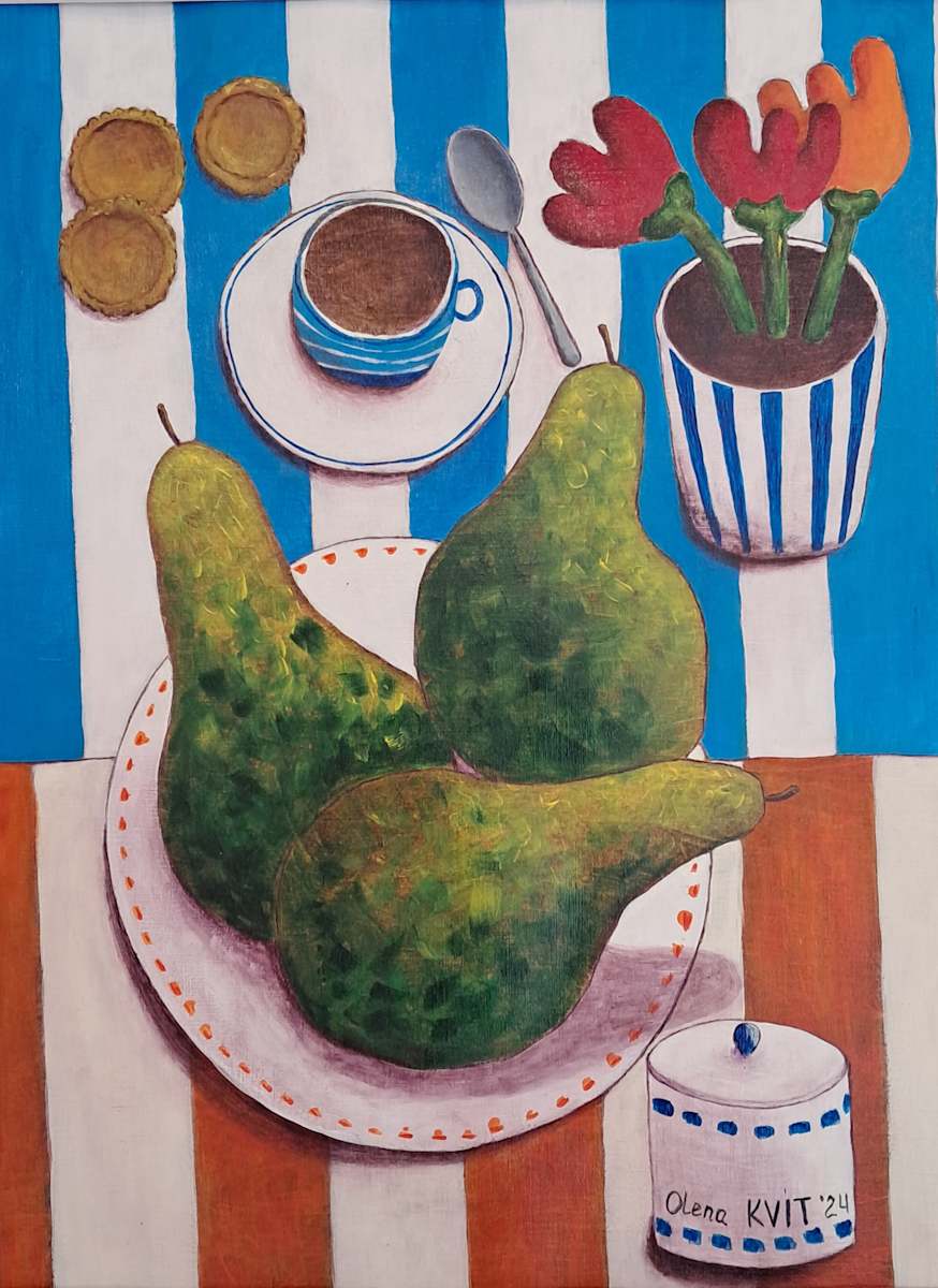 Des poires au petit-déjeuner, 42x56, encadré 50x70 by Olena Kvit 