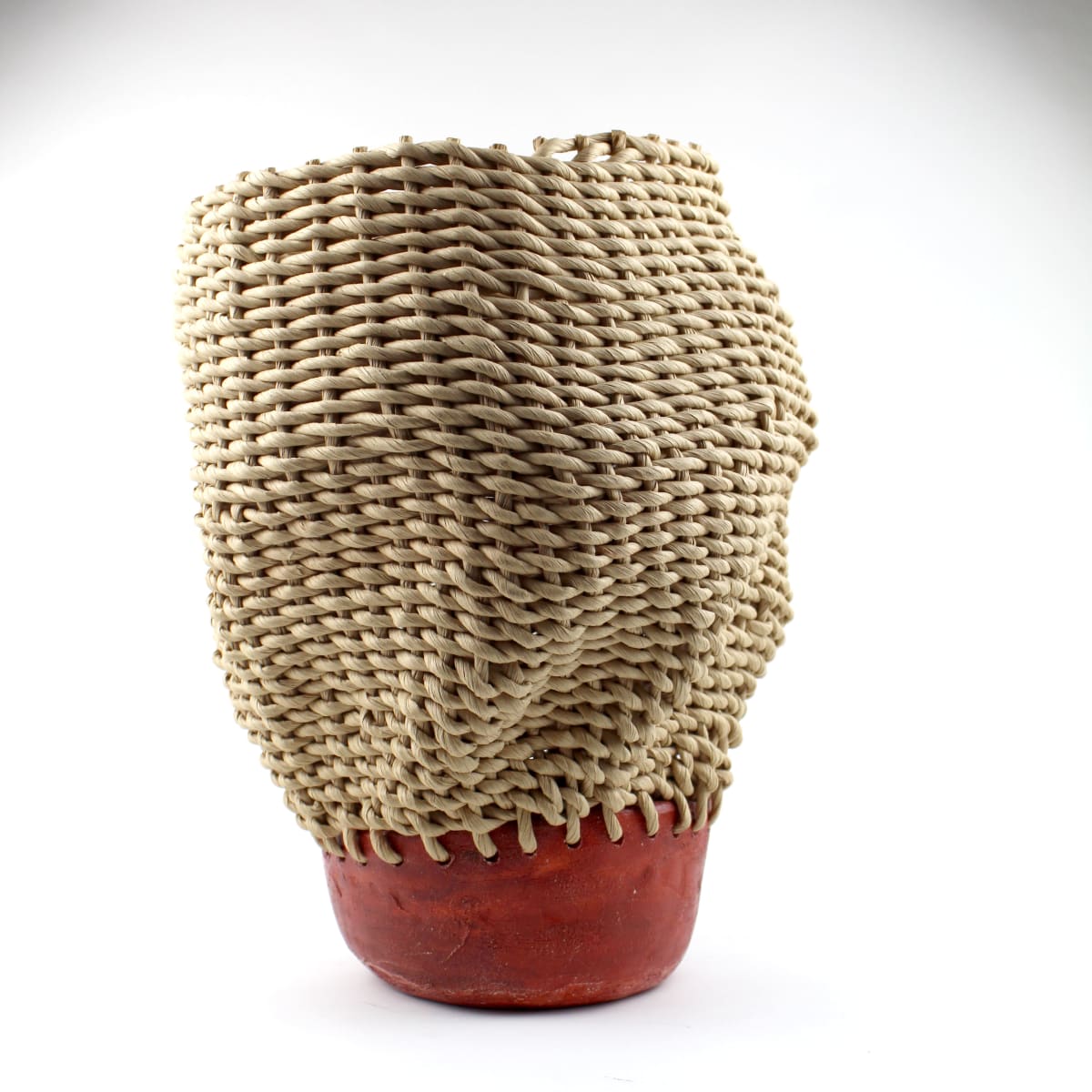 Basketpot VII by Essa Baird  Image: A collection of hand built ceramic bottoms paired with basket weaving technique tops. Using different weaving types + materials such as fiber rush, yarn, and twine.