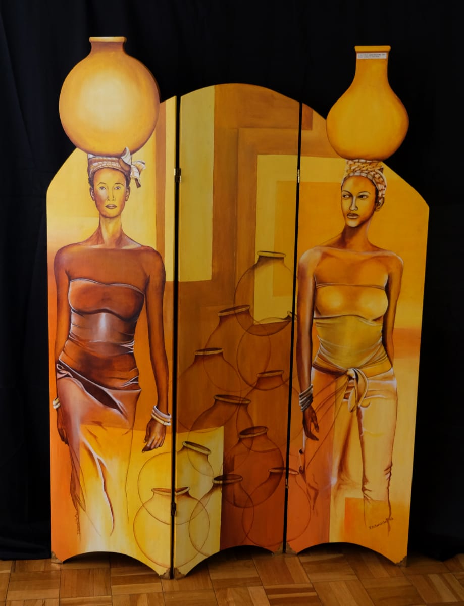 A Days Work by OTYO Art Collection  Image: Wood panel room divider African Women