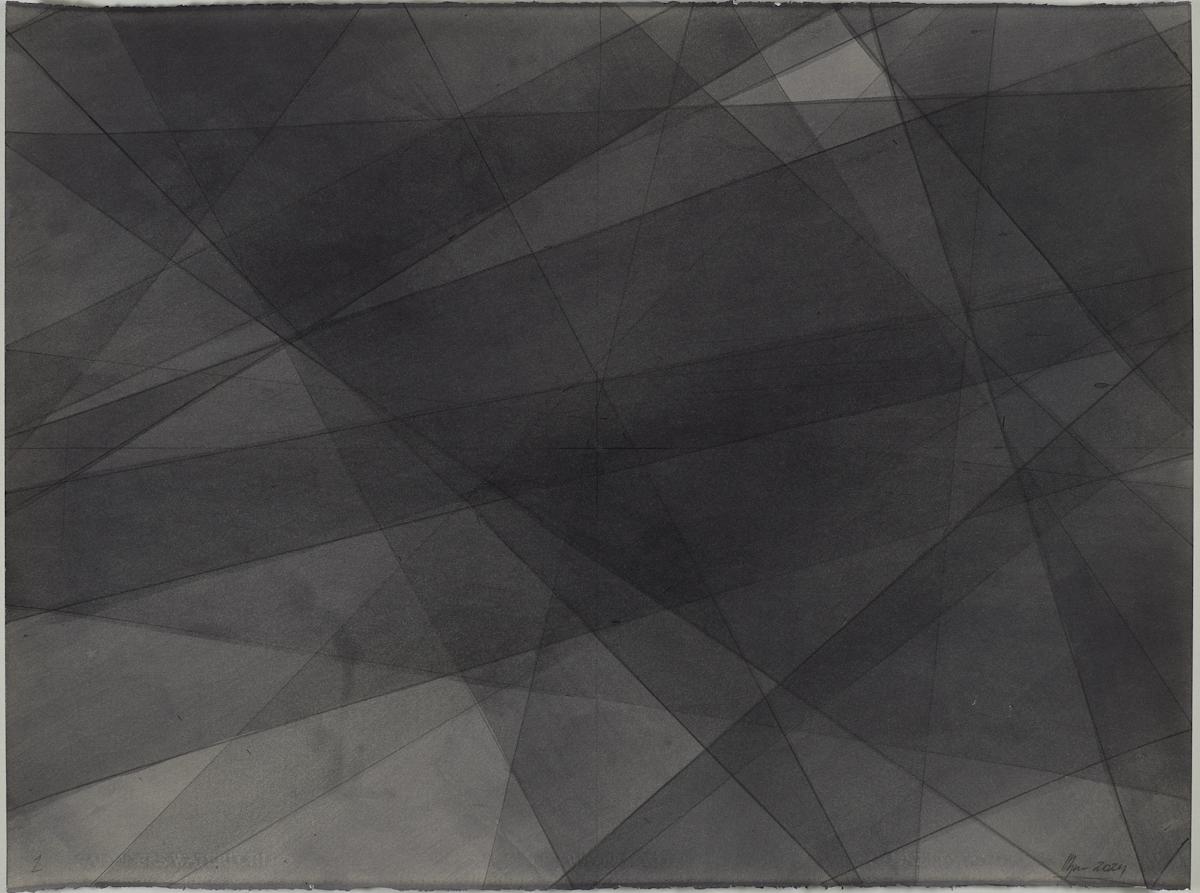 Birtuskil í bleki, No.1 by Hlynur Helgason  Image: Birtuskil í bleki, No.1, 2024, endurreisnarblek á pappír.