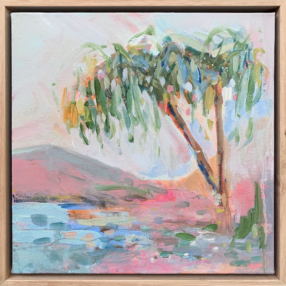 Tropical Twilight by Honor Bowden  Image: Acrylic, oil pastel, pencil on canvas, box framed in raw oak.
