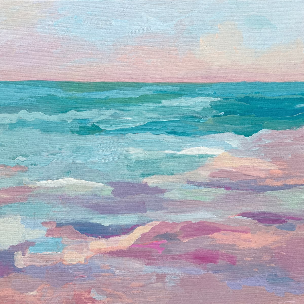 Winter Sun by Honor Bowden  Image: ‘Shimmering in winter’s embrace ❄️✨ fresh off the easel. The cool shades of blue contrasting with that last bit of pinky sunset is just magic here, we never stray far from the beach - even at this time of year!’