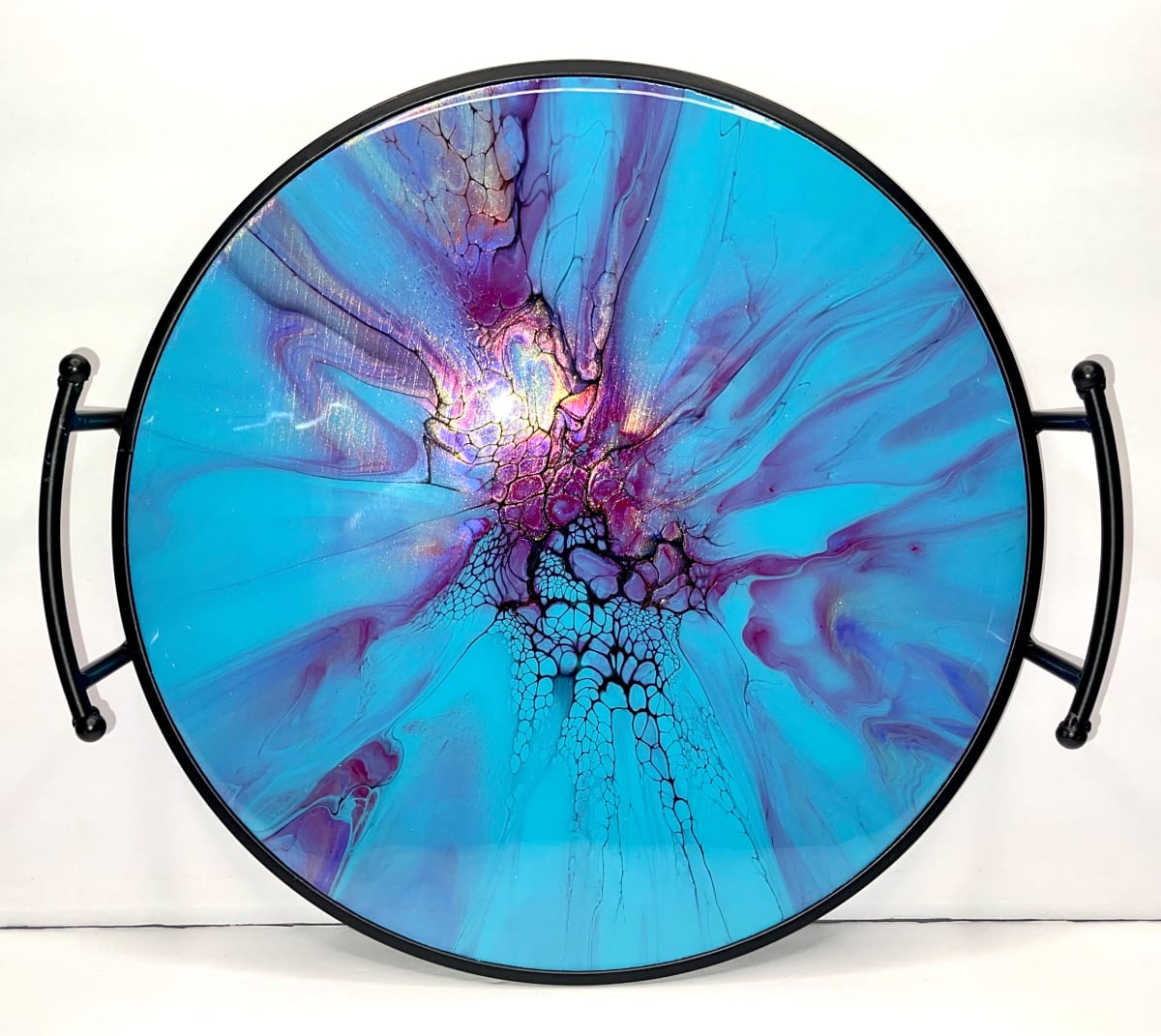 Untitled- Turquoise and Purple 13” Circular Tray/Platter by Pourin’ My Heart Out - Fluid Art by Angela Lloyd 
