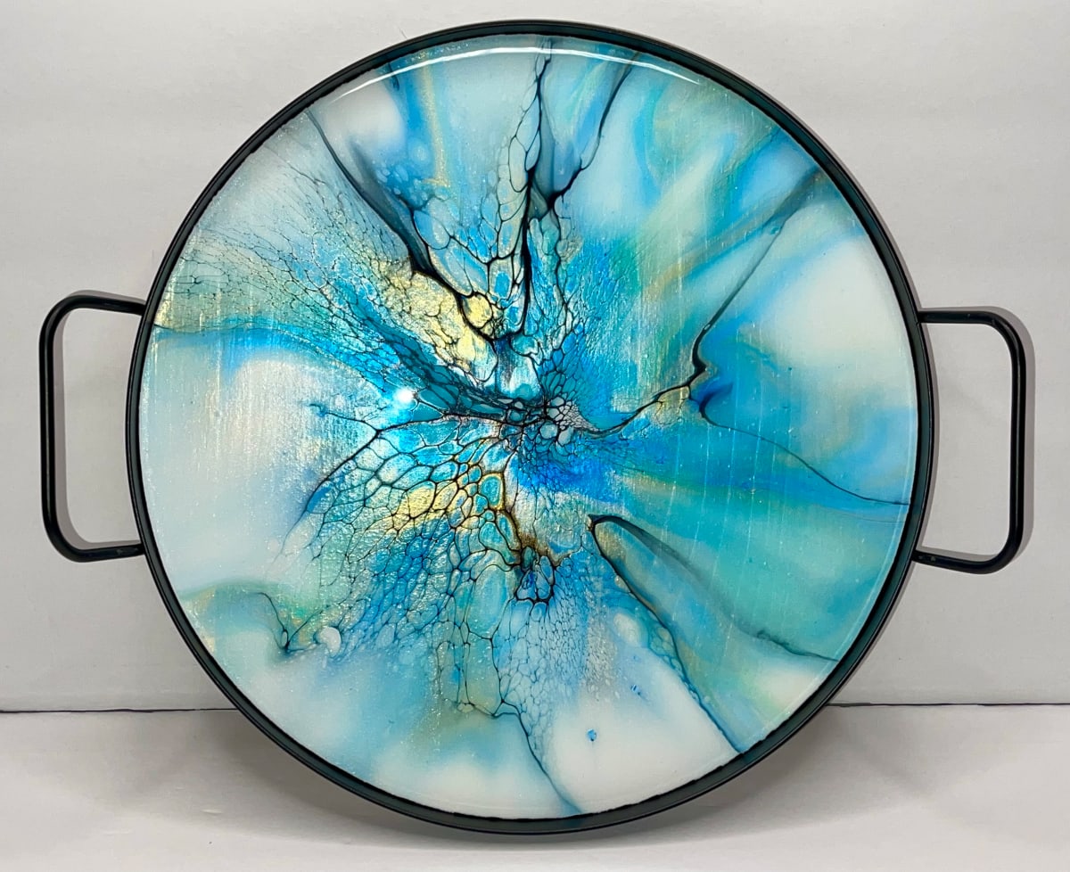 Untitled Turquoise Small 12” Platter by Pourin’ My Heart Out - Fluid Art by Angela Lloyd 