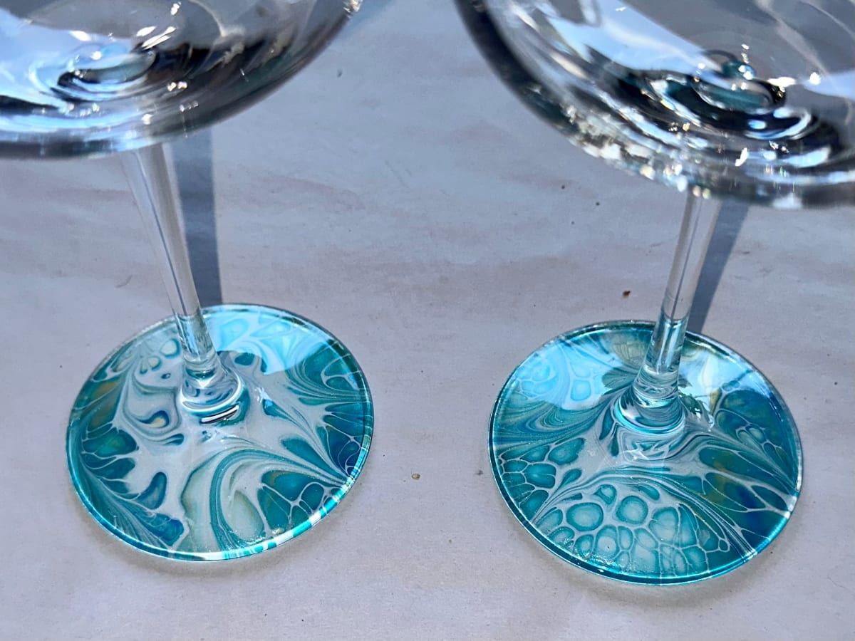 Ocean Side set of 2 Wine Glasses by Pourin’ My Heart Out - Fluid Art by Angela Lloyd 