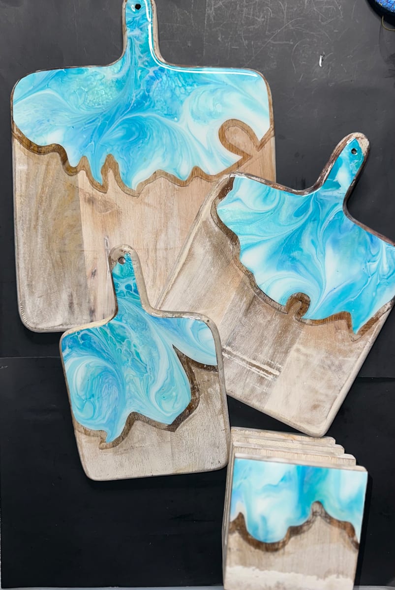 Ocean Side 4 Piece Charcuterie Set by Pourin’ My Heart Out - Fluid Art by Angela Lloyd 