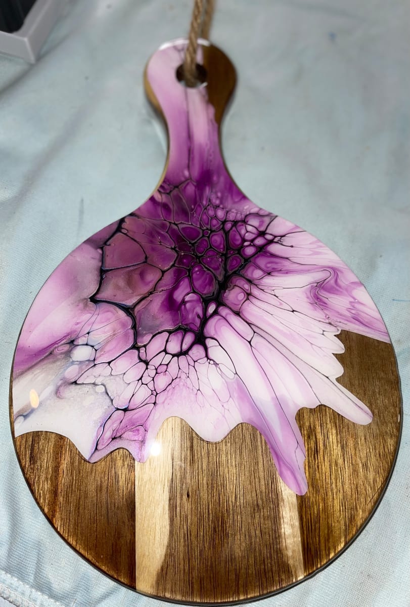 Chrysanthemum, Small, Round Charcuterie by Pourin’ My Heart Out - Fluid Art by Angela Lloyd 