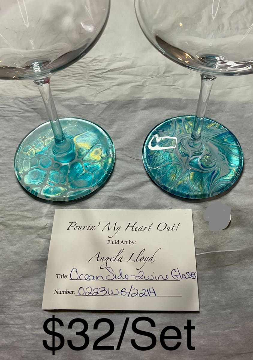 Ocean Side – 2 Wine Glasses by Pourin’ My Heart Out - Fluid Art by Angela Lloyd 