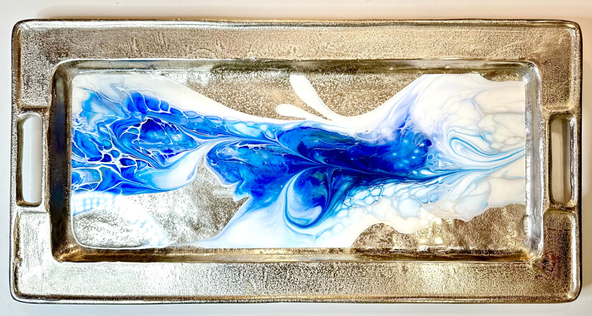 Tekhelet 24” Silver Tray by Pourin’ My Heart Out - Fluid Art by Angela Lloyd, Image 1.
