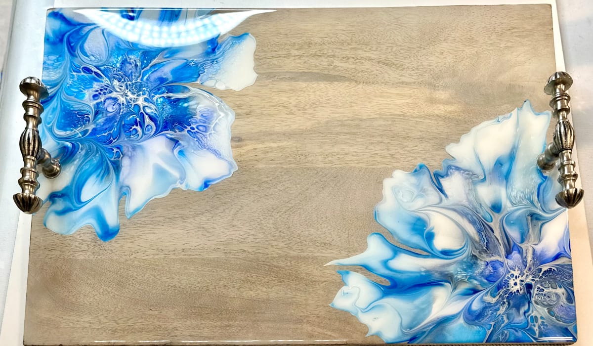 Tekhelet 21” Silver Handled Platter by Pourin’ My Heart Out - Fluid Art by Angela Lloyd 