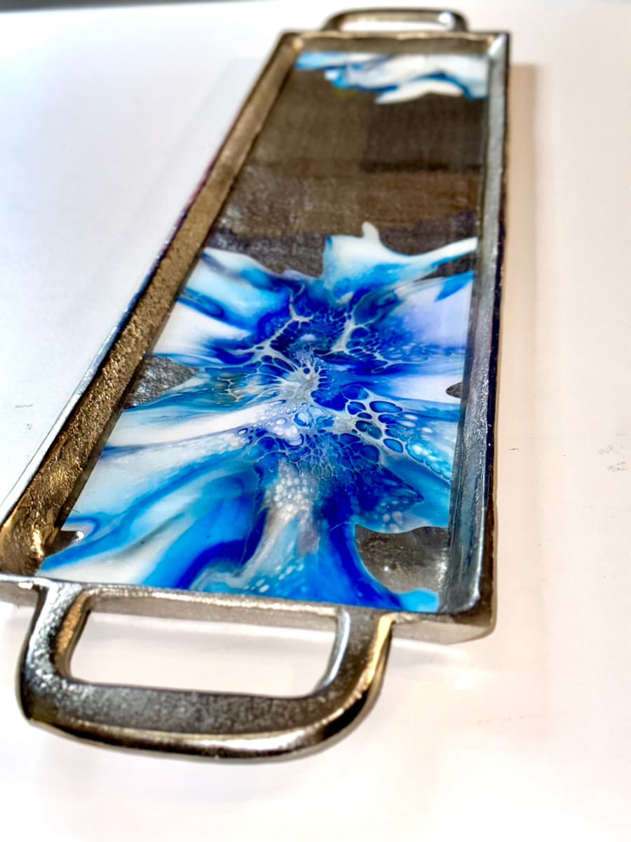 Tekhelet 30” Silver Platter by Pourin’ My Heart Out - Fluid Art by Angela Lloyd, Image 1.