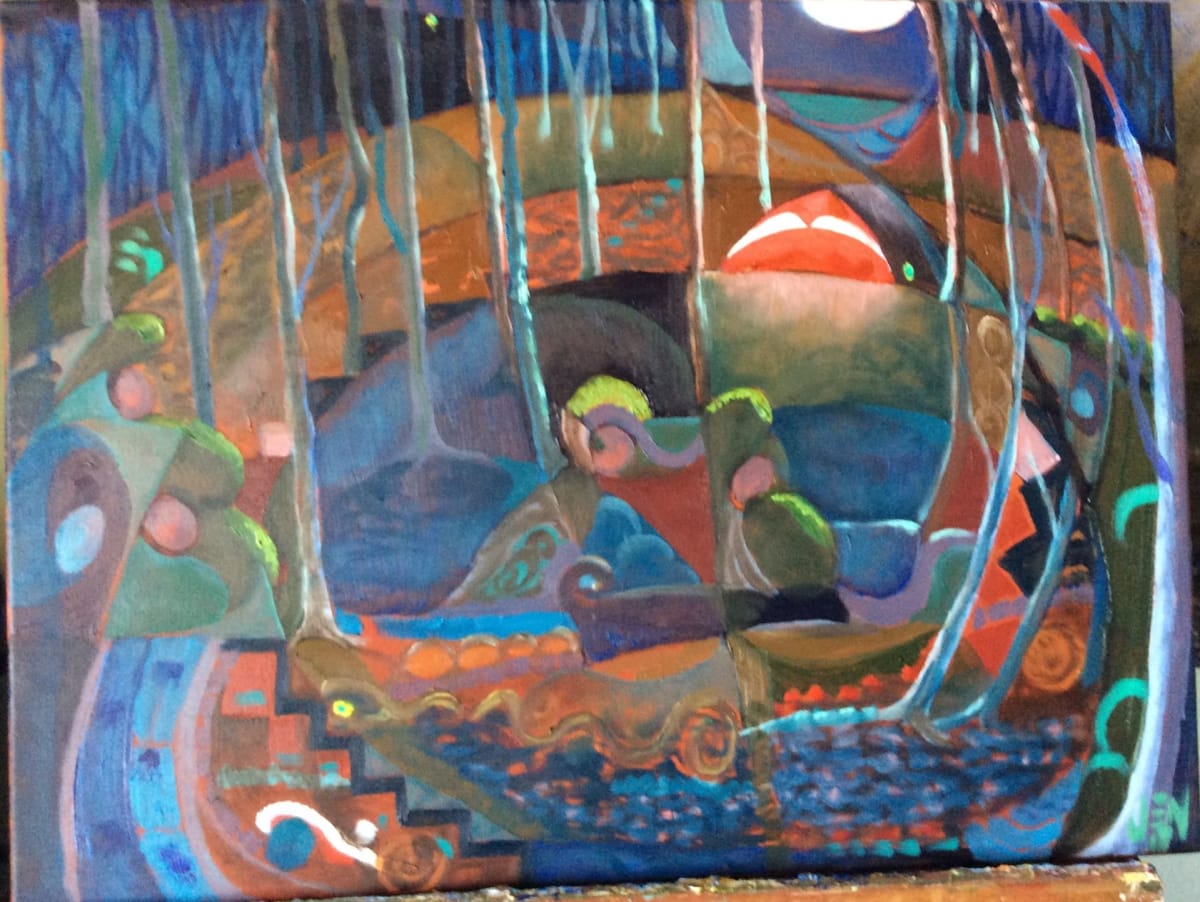 Moon and Tent by Jennifer Hathaway  Image: My camp at the Bee Rocks in the Daniel Boone National Forest. I have a "man and bear" story about that. Oils, 24"x18". 