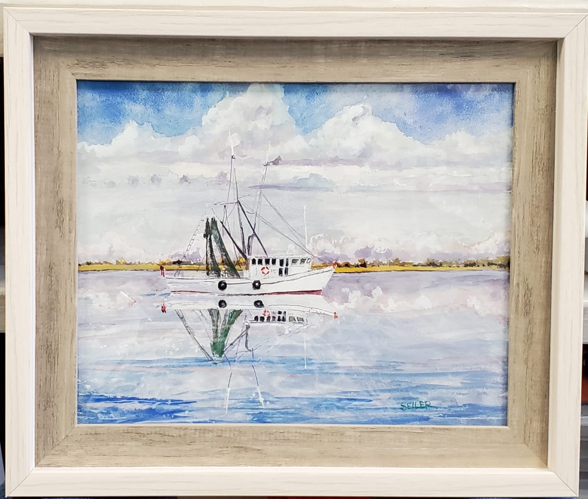 Shrimp From The Dock by Jill Seiler  Image: Gouache is opaque watercolor.  Shrimp boats are always busy on this Bay. 