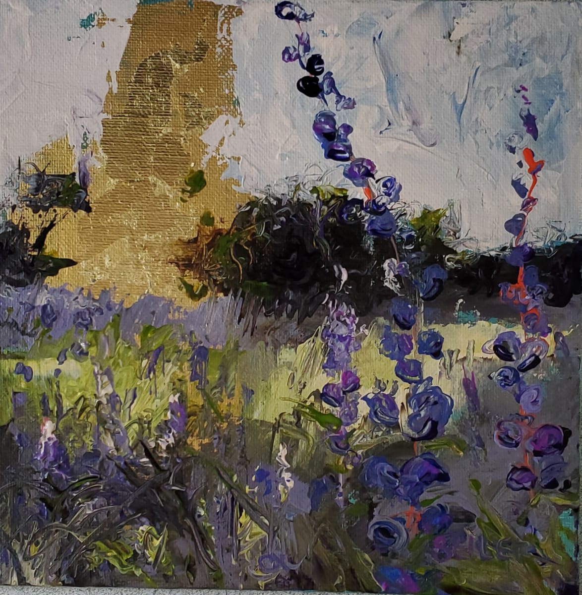 Water Skiing by Jill Seiler  Image: We water skiied all the time.  Terry and I would take my dad's ski boat and go! Acrylic with gold leaf. 