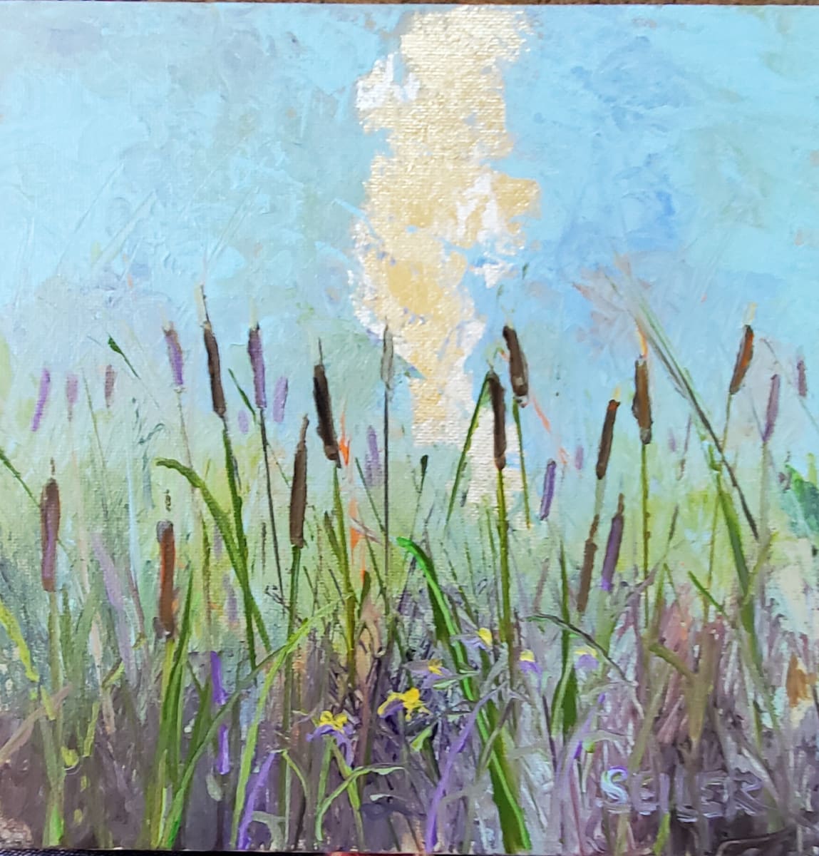 Cat Tail Fights by Jill Seiler  Image: Sorry Gail. Wacked her more than once.  Acrylic with gold and silver leaf. Sparkly childhood memories. 