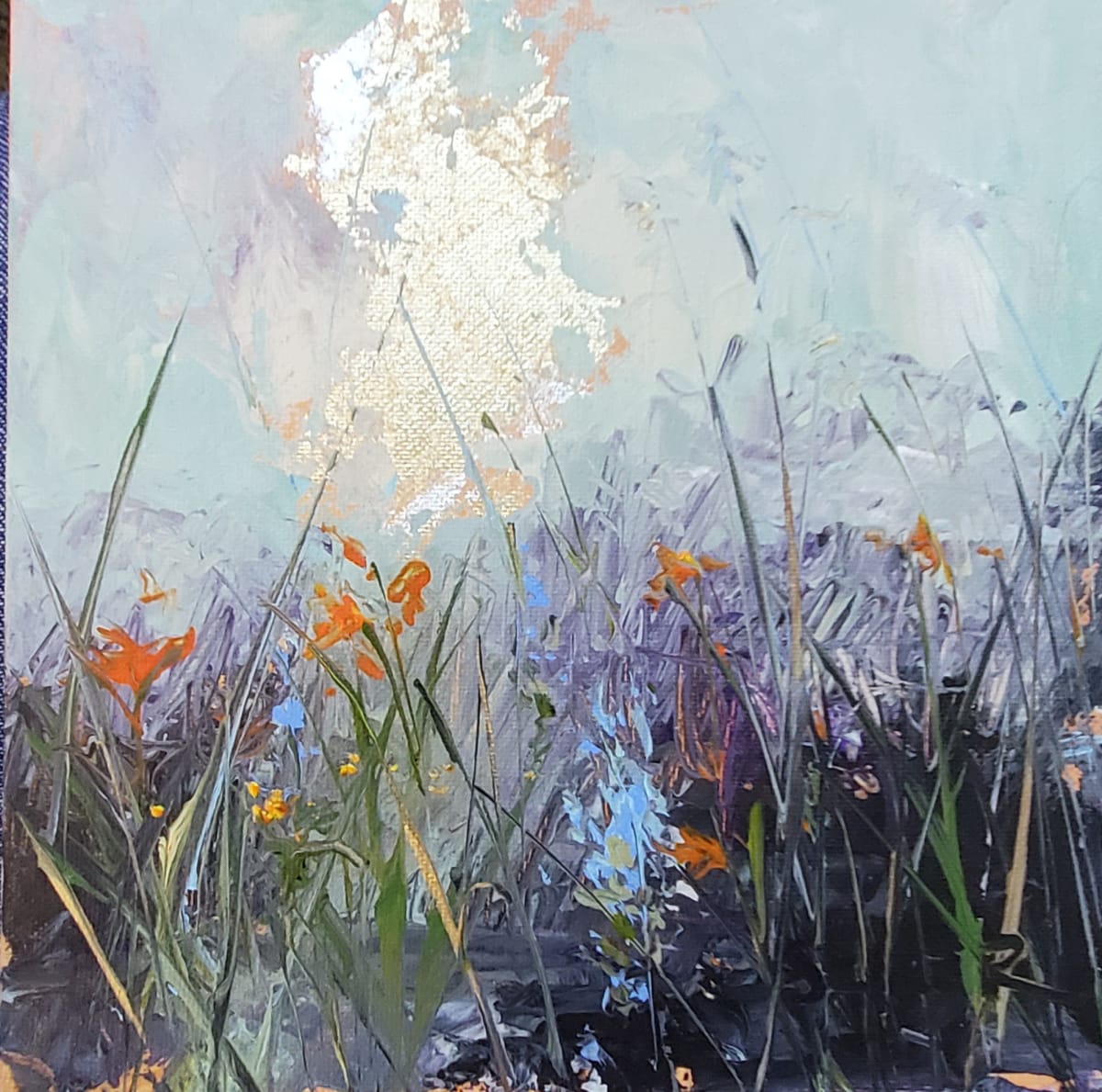 Plastic Halloween Masks by Jill Seiler  Image: Childhood memories.  Plastic masks that you couldn't breathe thru...or see. Fun. Acrylic with gold and silver leaf  sparkle like memories. 