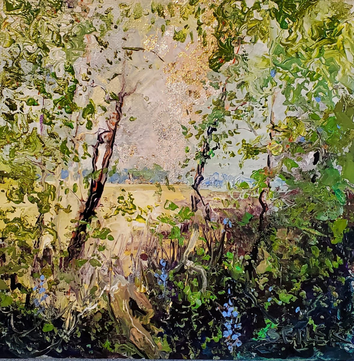 Knit Wool Gloves by Jill Seiler  Image: My momma knit gloves and mittens.  Sweet childhood memories.  Acrylic with gold and silver leaf. 