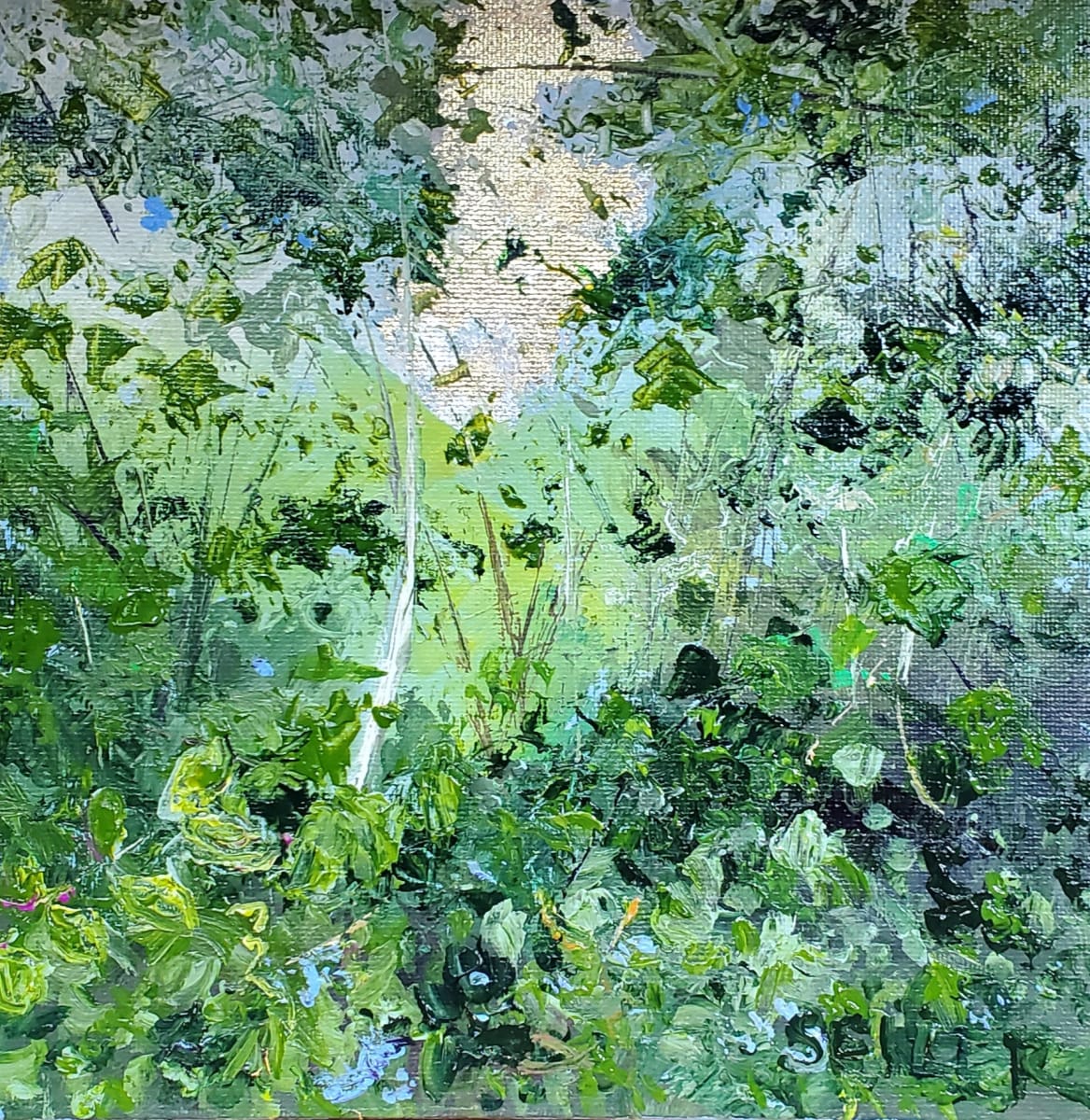 Cap Guns by Jill Seiler  Image: Childhood memories titles.  Acrylic with gold and silver leaf sparkle  through my weedy garden series... that's in the woods