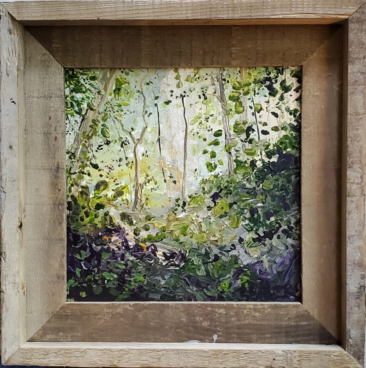 Cold Legs by Jill Seiler  Image: Winter and cold legs. Couldn't wear pants to school.  Glad that changed.  Acrylic with gold and silver leaf sparkle in the woods.  I love how the light comes thru. 