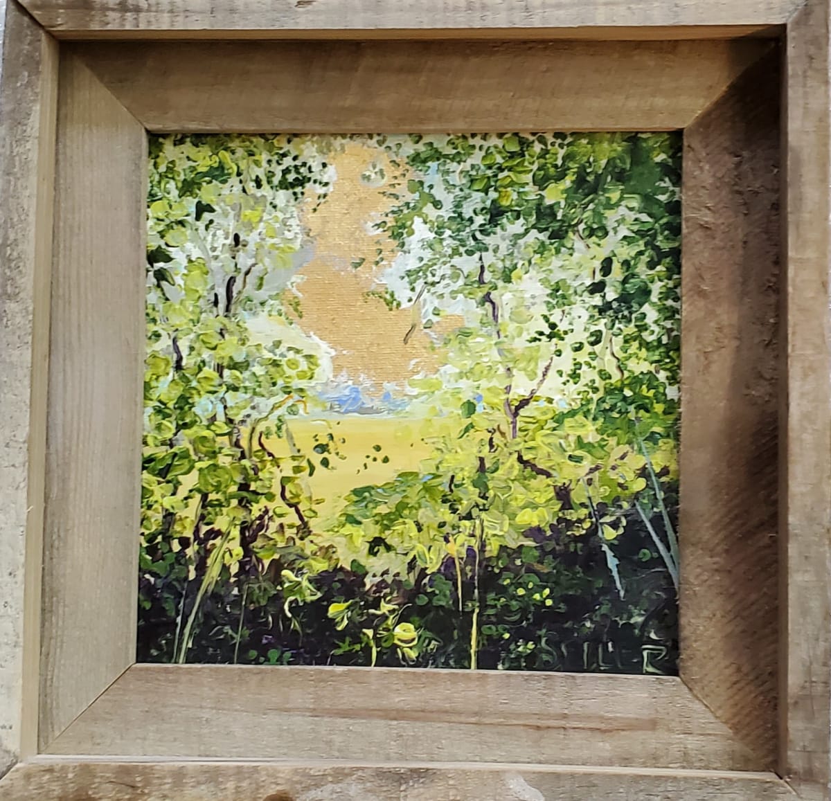 Piano Lessons by Jill Seiler  Image: Childhood memories of piano lessons... wanted to play,  not practice.  Acrylic with gold leaf sparkle in the weedy woods. 