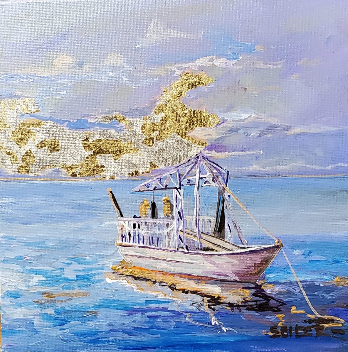 Gold Coast Oystermen by Jill Seiler  Image: Apalachicola oysters are the best.  Hard work. Acrylic with gold leaf 