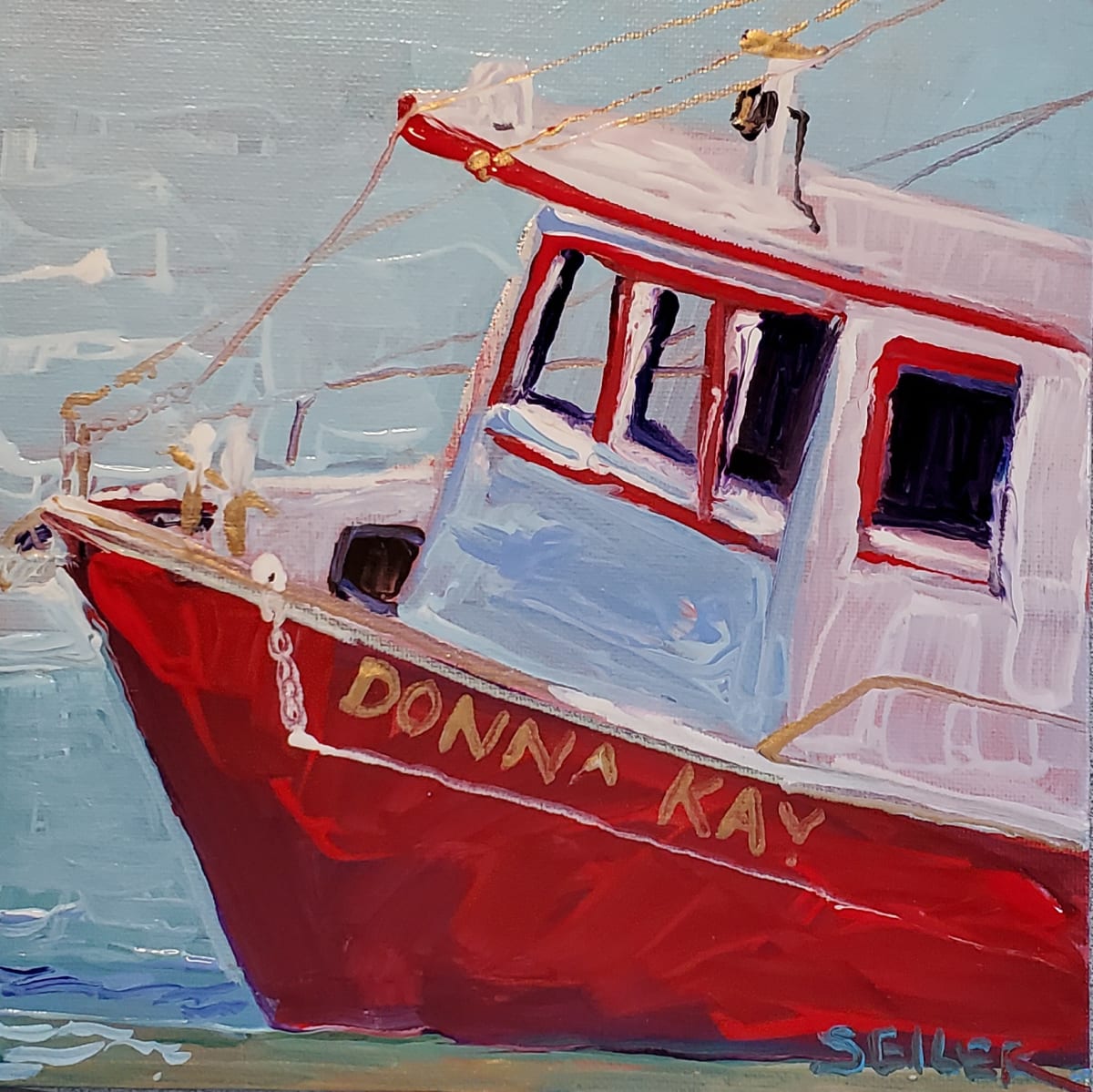 The Ending of the Donna Kay by Jill Seiler  Image: The Donna Kay was lost.  She was stuck in the sand.  Had to be removed a piece at a time.  Acrylic. 