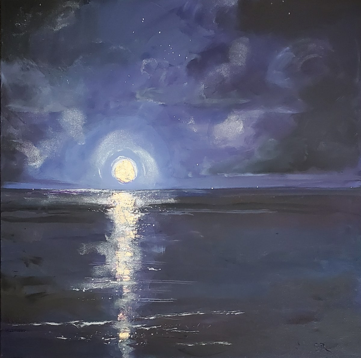 Bougie Moon  Image: Acrylic with gold leaf and sparkle.  The ocean calls.  Night and day.