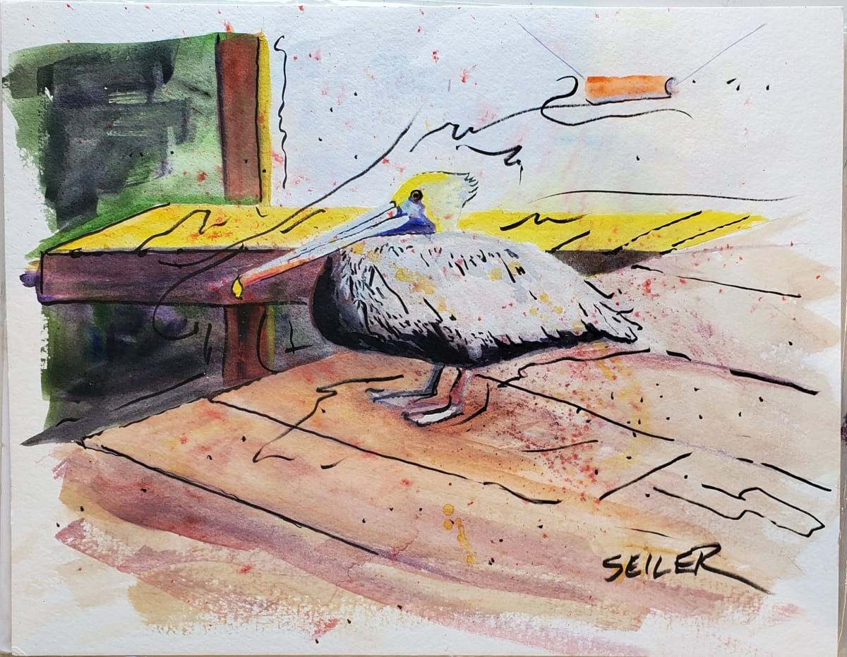 Crazy Dreams by Jill Seiler  Image: Here's a fun one.  Mixed media  gouache and ink.  This Pelican is chilling and dreaming of his next meal.  