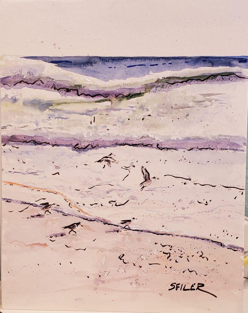 Piping Plover Lover by Jill Seiler  Image: I love these sweet little birds.  They run in and out of the edge of the surf.   Mixed media. Gouache and ink