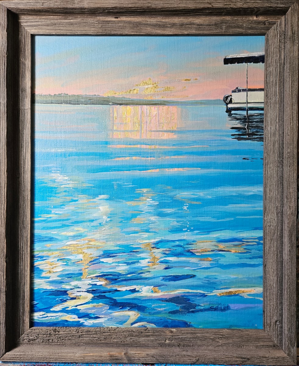 Bring it Down by Jill Seiler  Image: Can't help but bring your stress down on this lake.  I love Minnesota in the summer.  Breathe. Relax. Paint. Acrylic with 23k gold on linen panel.