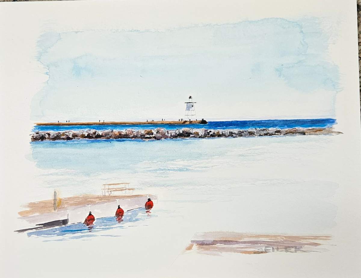 My Subject Left by Jill Seiler  Image: I came back to paint his fabulous sailboat...it was past the lighthouse when I sat down. I'll do it soon