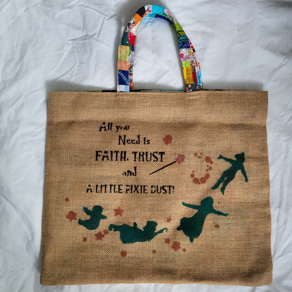 "Faith, Trust & Pixie Dust" jute shopper by Alison Carrie  Image: "Faith, Trust & Pixie Dust" jute shopper by Alison Carrie