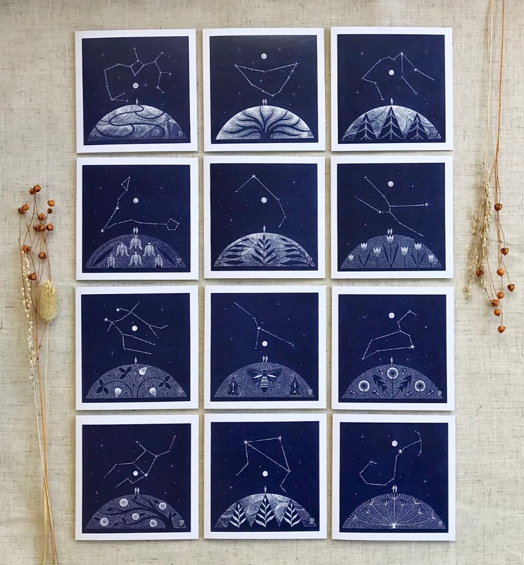 Pack of Twelve Star Sign Constellation Cards by Olivia van Hooft-Young  Image: STAR SIGN CONSTELLATION CARDS by Olivia van Hooft-Young
