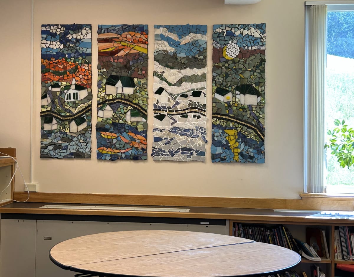 Community Mosaics by Bette Ann Libby  Image:  It Takes A Village, Moretown Elementary School Library, Moretown, Vermont