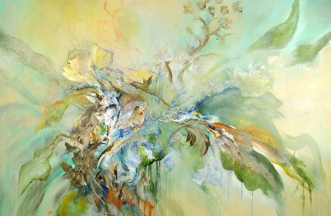 Persephone by Ellen Hathaway  Image: This is a finished piece in same composition as the bold one Fred likes entitled “same Yesterday as Tomorrow but not really. Except palette is greens. 