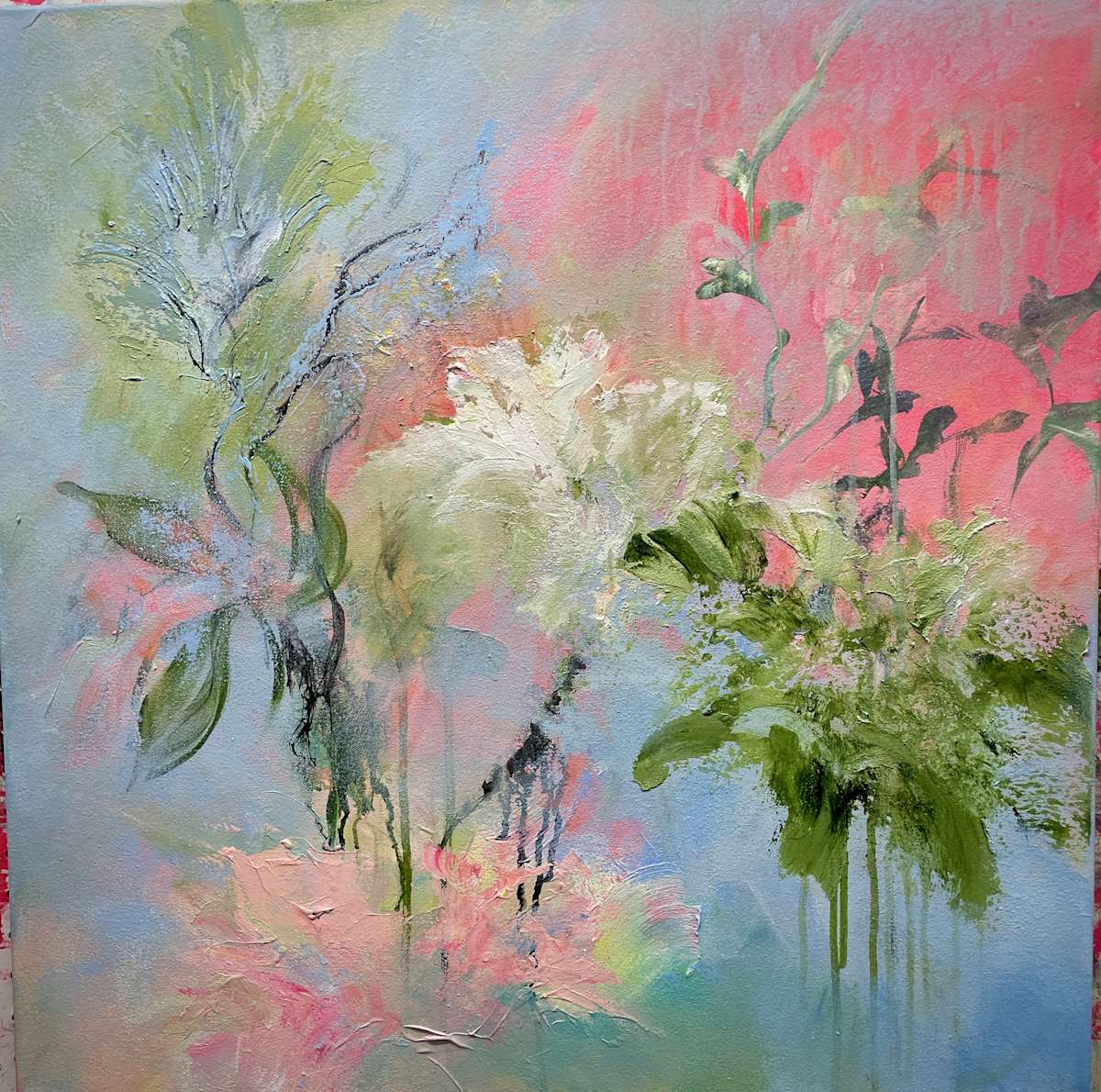 Kissed By An Angel by Ellen Hathaway  Image: The essence of floral shapes float on a soft field of  warm pinks and cool blue. 